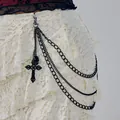Black Gothic multi-layer body chain with ornate cross and skull charms on white lace. - 07 Black Trousers Chain 1901K1