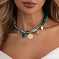 Detail view of Bohemian printed silk scarf choker with gold coin and resin charms - Greenish Style (07984) / Gold