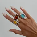 Vintage wide silver metal open ring set with colorful resin gemstones worn on a hand - French Vintage (7547) / Silver