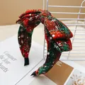 Festive red and green plaid Christmas bow headband with snowflake print decoration - Yellow Blue Lines