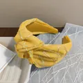 Schicker gelber breiter geknoteter Haarreif mit goldener Gitterstickerei für Retro-Styles - Organza-Knoten-Stil / Gelb