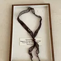 Close-up of a brown printed silk ribbon necklace in a wooden display tray. - Dark Brown