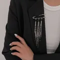 Silver safety pin brooch with long black crystal chain tassels for blazers - Black Bead Style (0415) / Silver