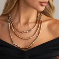 Elegant triple-layered gold and silver textured bead necklace for a chic layered look - Necklace (7900E4)