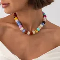 Close-up of bohemian colorful marbled resin bead necklace with stainless steel spacers - Multicolor Necklace (7957)
