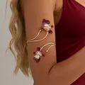 Bracelet de bras ajustable doré avec fleurs en émail rouge foncé pour les femmes - Style Fleur Émaillée (0414) / Or + Rouge Foncé