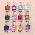 Colgantes DIY cuadrados de piedra de nacimiento de 12 meses bañados en oro de 18 quilates - Enero Rojo Granate (Circonia) - Con Anillo / 6x6mm / Color acero
