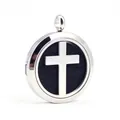 Close-up of stainless steel aromatherapy locket with hollow cross design and black pad - Pendant with 10 Pads Only (Without Chain) / Steel Color (ai-007)