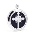 Macro view of stainless steel cross openwork aromatherapy locket pendant with black felt - Pendant with 10 Pads Only (Without Chain) / Steel Color (ai-009)