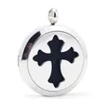 Close-up detail of a stainless steel cross aromatherapy essential oil diffuser locket - Steel Color (ai-00000)