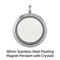 Detailed view of a 30mm stainless steel magnetic glass locket pendant with rhinestones - 30mm (Rhinestone Style) / Steel