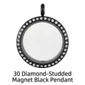 Detailed macro view of black magnetic glass locket pendant featuring clear rhinestone border - 30mm (Rhinestone Style) / Black