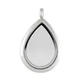 Detailed view of polished stainless steel teardrop glass locket for DIY necklace - No Rhinestones / Silver