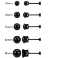 Black zircon stud earrings size chart showing 3mm to 8mm variants with side and top views - 6mm/Pack / Black + Black Zirconia