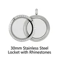 Detailed view of 30mm round stainless steel floating glass locket with crystal border - 30mm (With Rhinestones) / Steel