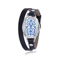 Stainless steel rectangular aromatherapy locket bracelet with blue leather wrap strap - Dark Blue (Scroll)