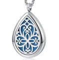 Relicario de aromaterapia de acero inoxidable gota de plata con almohadilla azul - Estilo de Patrón Hueco Exquisito (E008) / Solo Colgante (Sin Cadena)