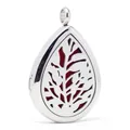 Collar aromaterapia gota agua acero inoxidable con diseño árbol hueco y almohadilla roja - Estilo de Textura de Árbol Hueco (E011) / Solo Colgante (Sin Cadena)