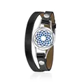 Zwart lederen aromatherapie armband met rvs medaillon en blauwe pad detail. - Zonnebloem / Schroefopening