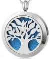 Colgante de aromaterapia Árbol de la Vida de acero inoxidable con almohadilla azul - Árbol de la Vida 037 / Colgante + 10 Almohadillas de Algodón