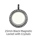 Black 25mm magnetic glass floating locket pendant with sparkling rhinestones bezel - 25mm (Rhinestone Style) / Black