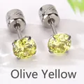 Elegantes pendientes de tuerca de circón amarillo oliva con cuatro garras y dorso plano - 3mm (Un Par) / Amarillo Oliva