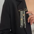 Elegant gold safety pin brooch with silver chain tassels, star charms and bird pendants. - Mixed Color-00388