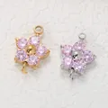 Elegante colgante de acero inoxidable flor de ciruelo con circón para joyería DIY - Base de Tono Plateado / Circonia Rosa (Piedra de Nacimiento de Octubre)