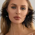 Statement black feather earrings with sparkling rhinestone accent for women - Black