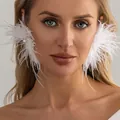Elegant white feather earrings with a sparkling rhinestone center for party - White