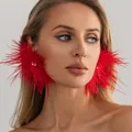Elegant oversized red feather stud earrings with sparkling rhinestone center detail - Red