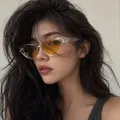 Detailopname van een retro cat-eye zonnebril met transparant montuur en gele glazen op model. - Transparant Gele Lens