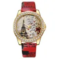 Detalle de reloj de cuarzo para mujer con esfera de la Torre Eiffel y bisel de pedrería fina - Rojo