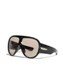 Futuristic Y2K oversized shield sunglasses featuring a black frame and gold temple accents - C3 Black Frame / Light Tea Lenses