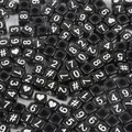 Black square acrylic beads with white numbers and heart patterns for DIY jewelry making - Numbers Black with White