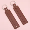 Brown faux leather rectangular keychain accessory with silver metal ring and studs - 15cm 1 Piece/Pack / Dark Brown
