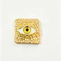 Gold evil eye brooch with white pearls and irregular hammered texture detail view - Artificial Pearl Edged Yellow Eye Style (Y8)