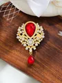 Close-up of a vintage gold-toned brooch with large red teardrop crystals and white rhinestones. - Water Drop Style (A17-43) / Red