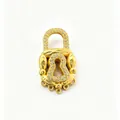 Detailed view of a gold-plated padlock brooch with crystal pavé and hammered texture - Rhinestone Padlock with Rings Style (Y16)