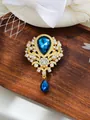 Detailed view of a vintage gold-toned brooch with a large blue teardrop crystal - Water Drop Style (A17-45) / Dark Blue
