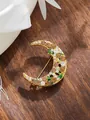 Macro detail of crescent moon brooch with champagne rhinestones and green enamel - Crescent Moon Gold Rhinestone (A23-157)