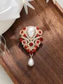 Macro view of vintage French style brooch with red rhinestones and teardrop pearls. - Deep Red Style (A23-174)