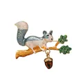 Detailed squirrel brooch with green leaves and a dangling acorn charm on white background - Squirrel Pinecone Style (A23-40)
