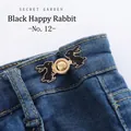Adjustable waist button clip for denim jeans with black happy rabbit design in gold finish - Black Happy Rabbit Style (No. 12)