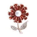 Detailed close-up of a red enamel carnation brooch featuring a pearl center and rhinestones - Carnation Style (A7-63) / Red