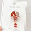 Elegant orange gemstone brooch pin with crystal rhinestones on jewelry card - Orange Red Triangle Rhinestone Style (A10-63)