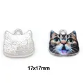 Detailed 17x17mm cat head enamel charm for DIY jewelry, showing front and back views. - White K & Brown