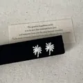 Close-up of silver firework stud earrings with center crystal on black velvet display - Style 26 Earrings