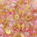 Mixed pink glass beads and golden alloy charms for DIY jewelry making - Peach Blossoms Abloom / 50g/Pack / Gold