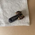 Detail of vintage leopard print bow BB hair clip on a textured linen background. - Puffy Bow Hair Clip (5#) / Leopard Print